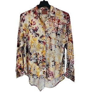 Vintage 90s Sebatu Women's African Faces Hand Print Shirt Colorful Rayon Small S